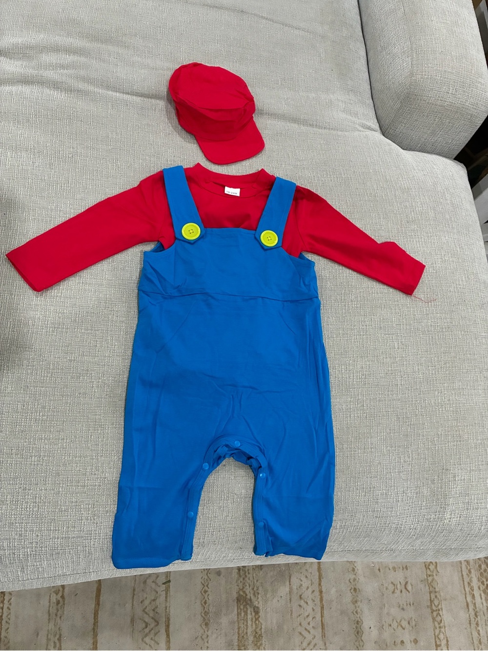 Baby Red Long Sleeve Top with Bright Blue Overalls & Red Cap 12 months